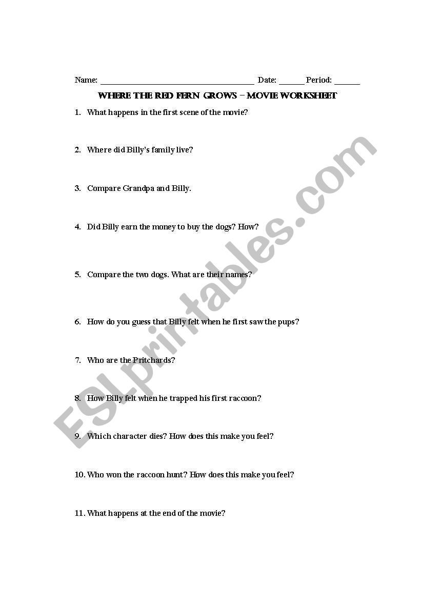 English worksheets Where the Red Fern Grows FollowAlong
