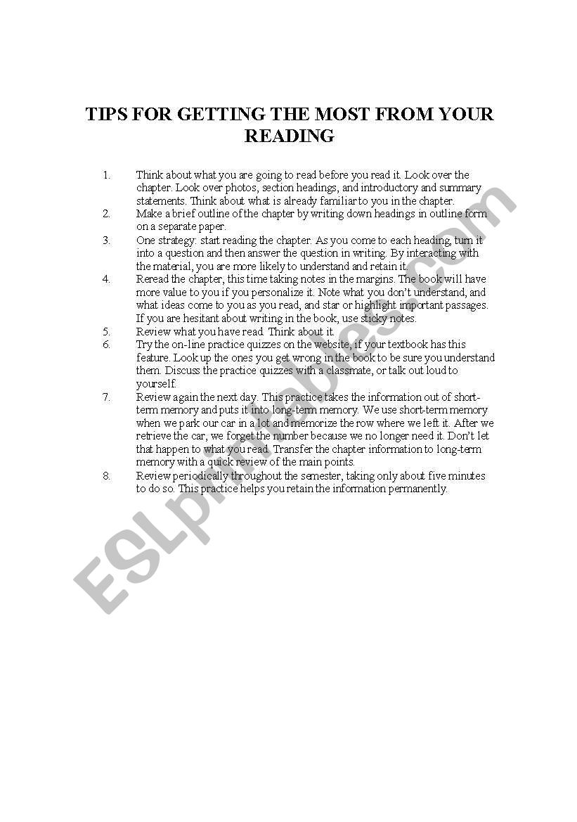 Tips for Reading worksheet