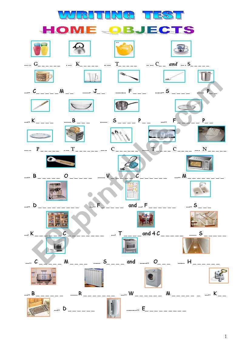 WRITING TEST  : HOME OBJECTS worksheet