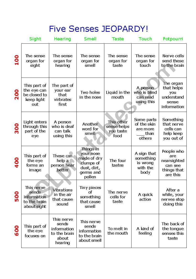 Five Senses Jeopardy Game worksheet