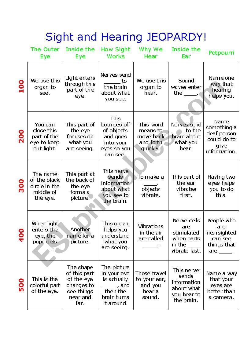 Sight and Hearing Jeopardy Game