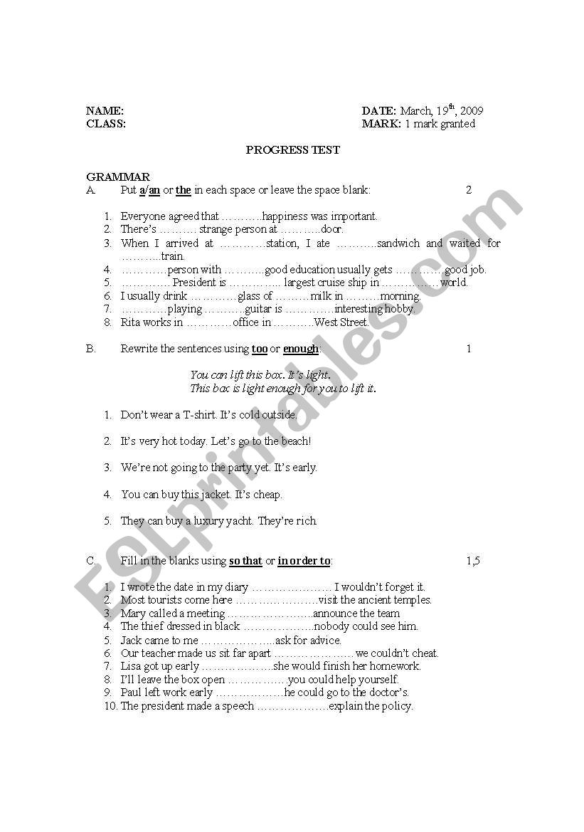 PROGRESS TEST worksheet