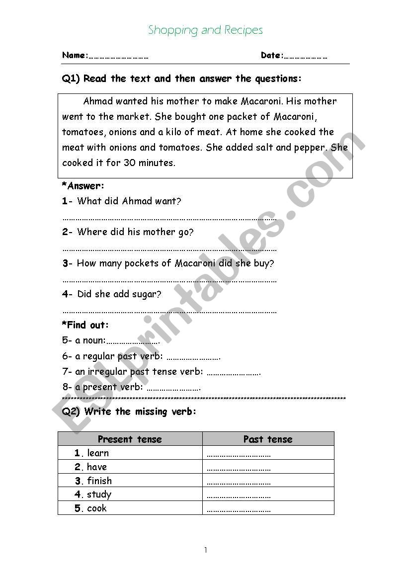 shopping and Recipes worksheet