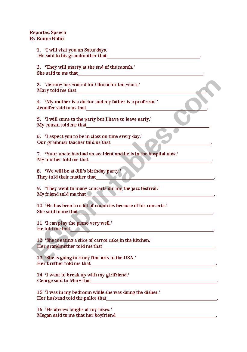 Reported Speech worksheet