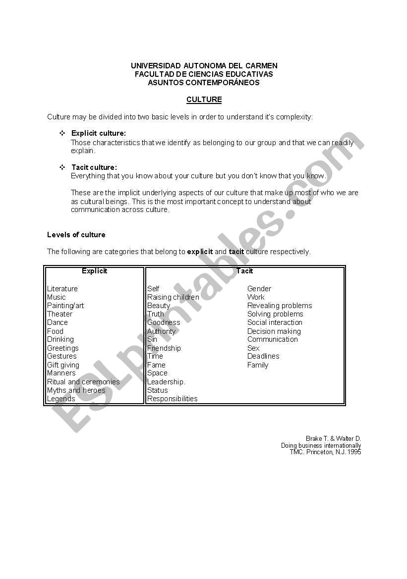 Explicit  and Tacit culture worksheet