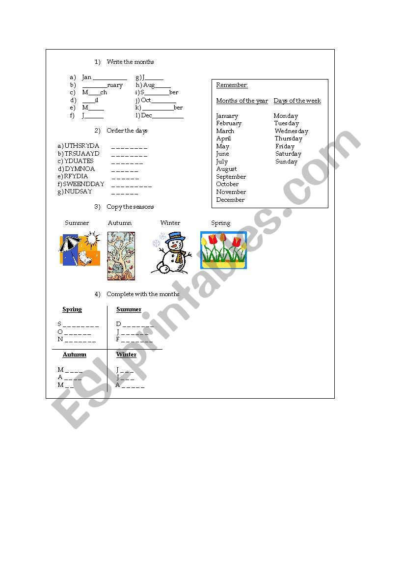 Days, months and seasons worksheet