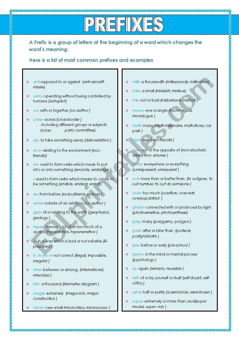 PREFIXES worksheet