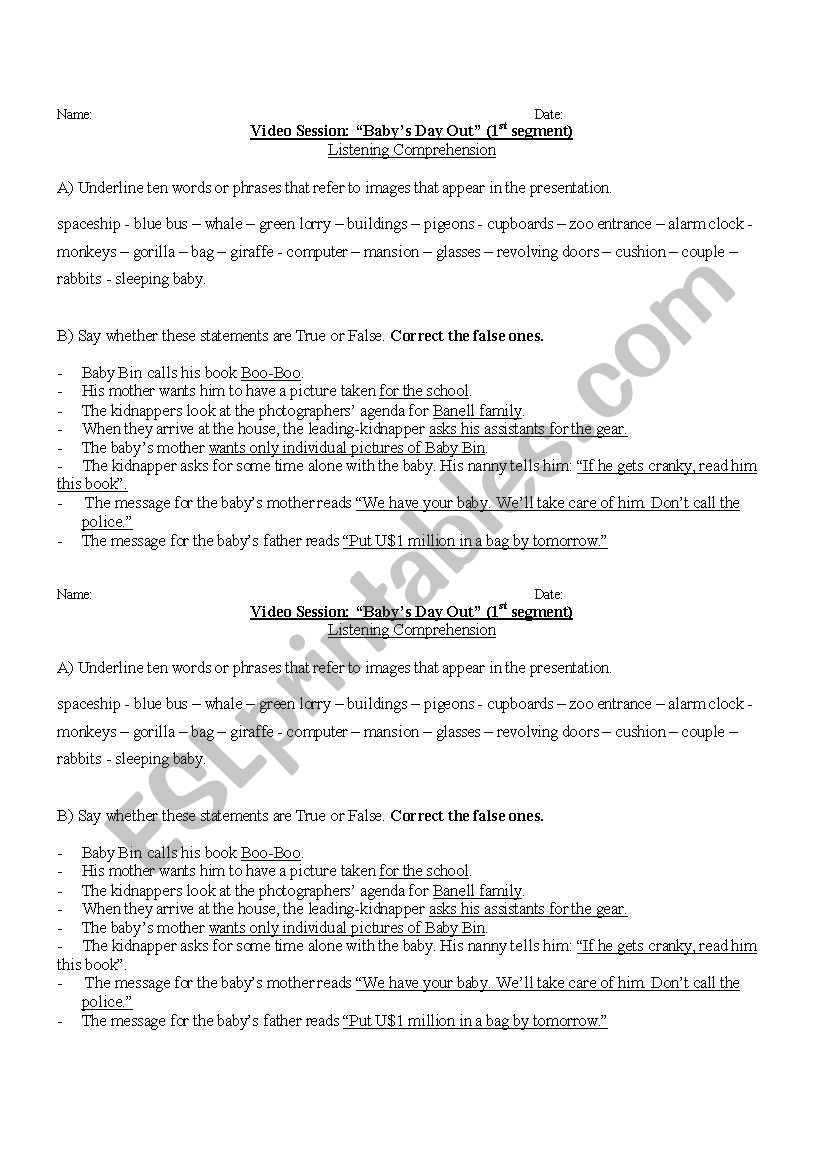 Babys Day Out worksheet