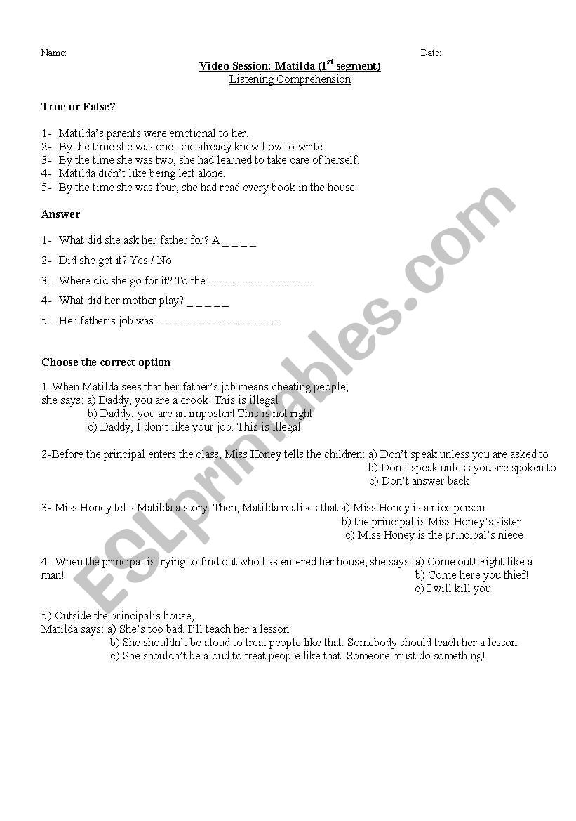 Matilda worksheet