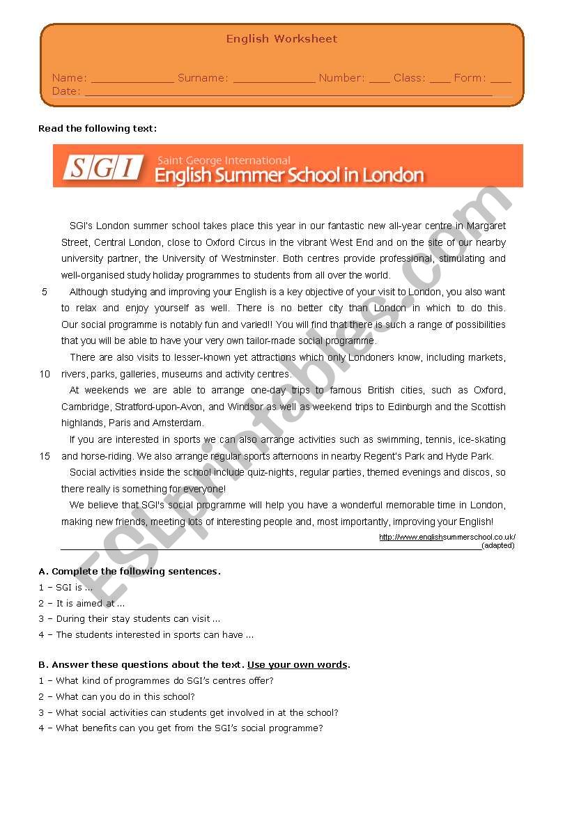 ENGLISH SUMMER SCHOOL worksheet