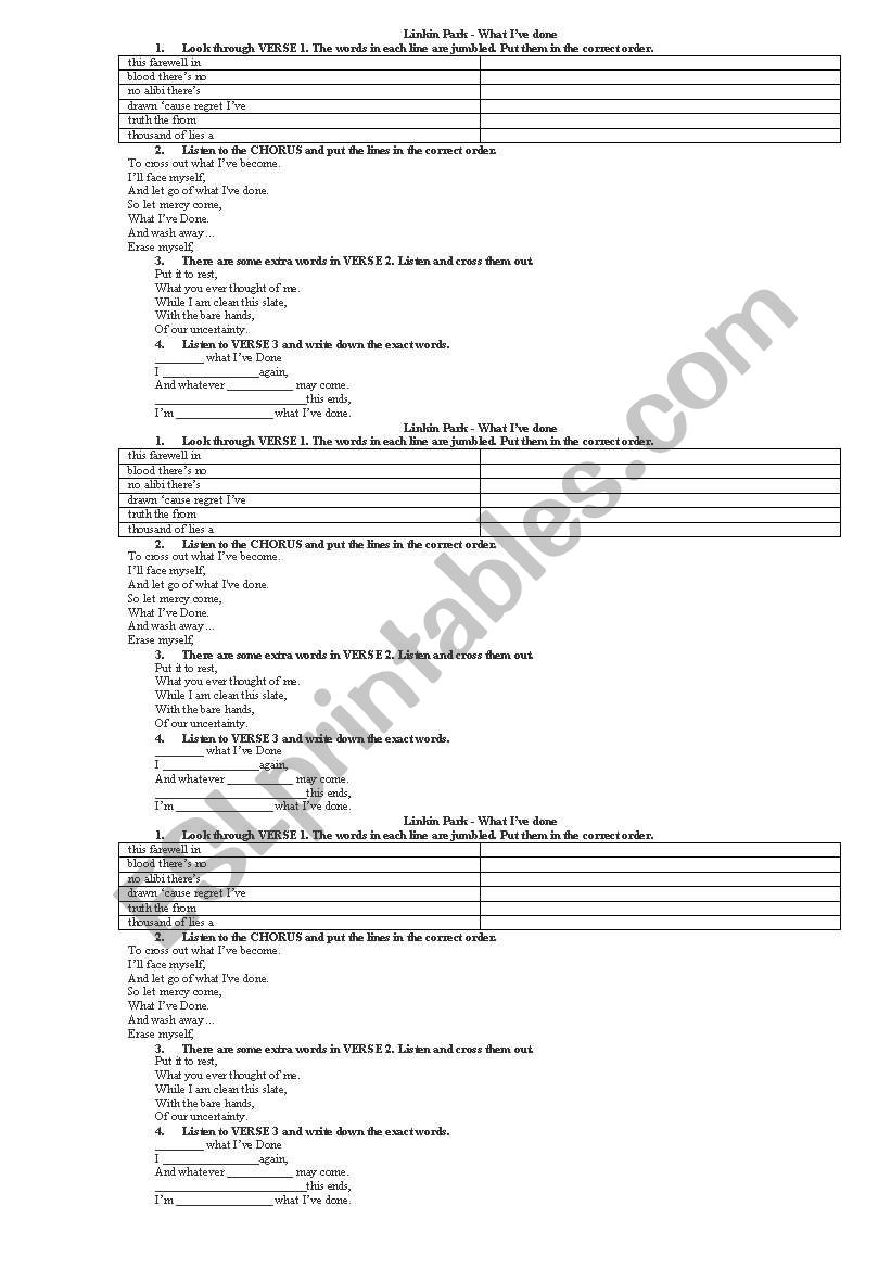 What Ive done by Linkin Park worksheet