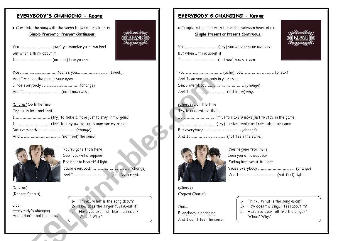 Everybody S Changing Keane Esl Worksheet By Analab