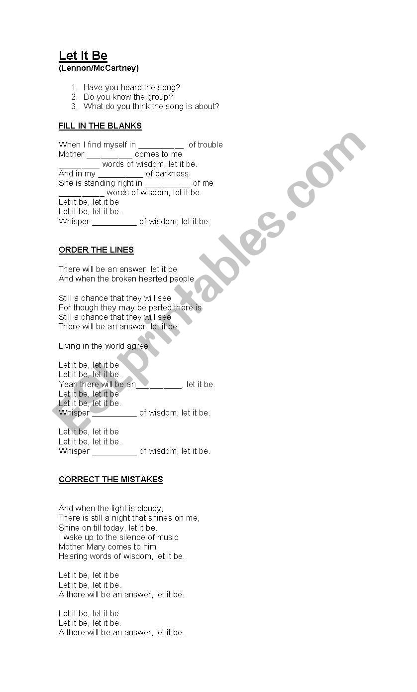 LET IT BE (THE BEATLES) worksheet