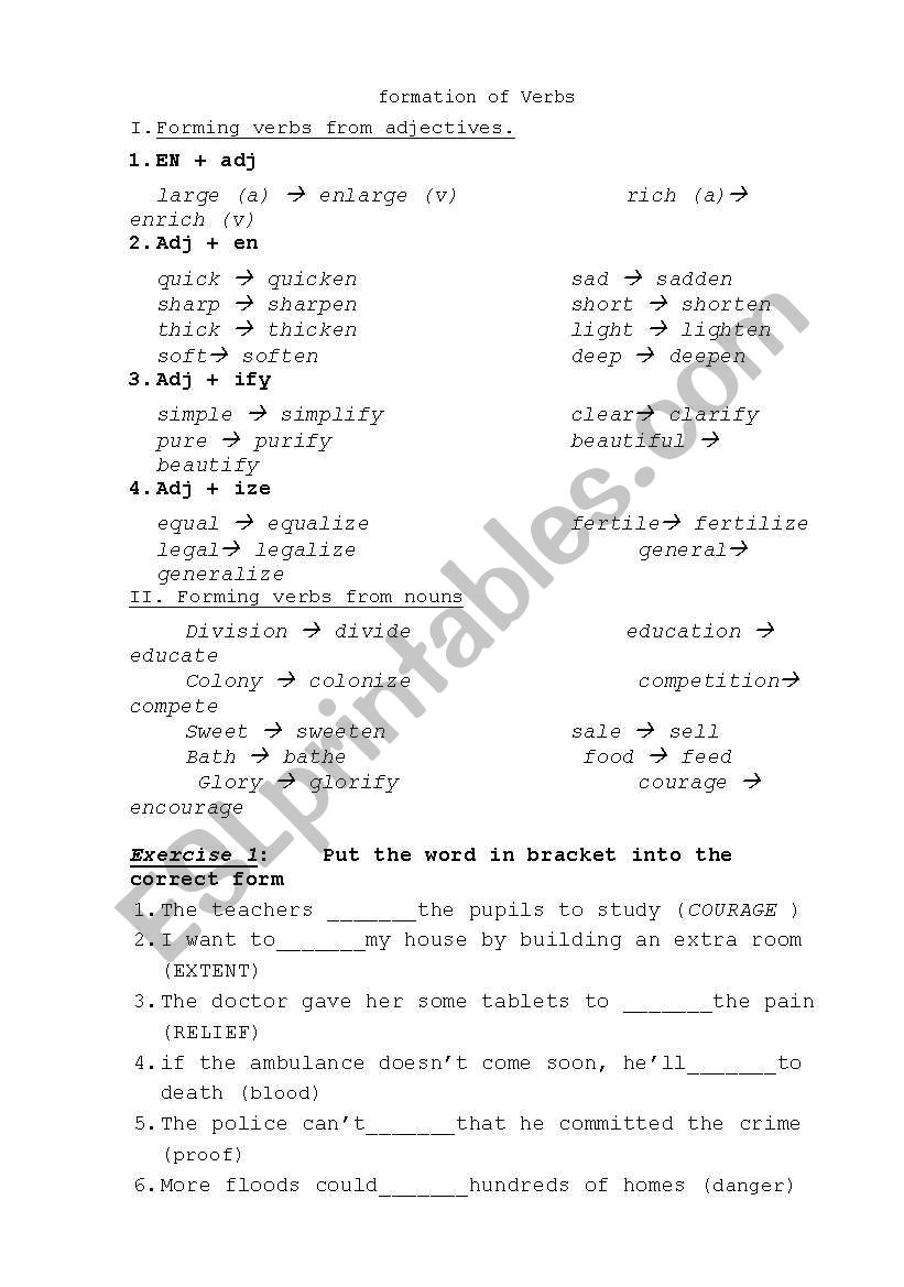 formations of verbs worksheet