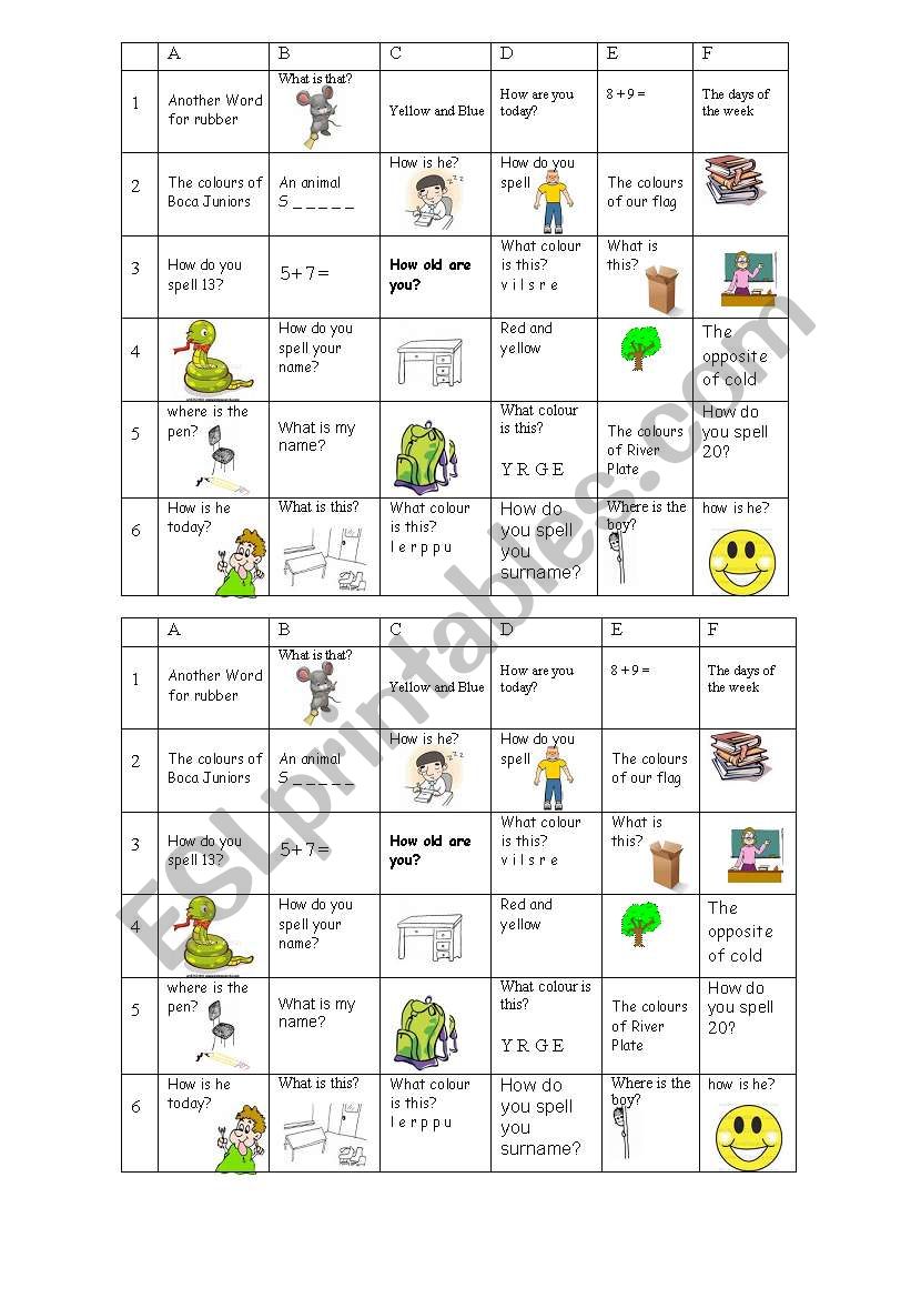 Tic tac toe worksheet