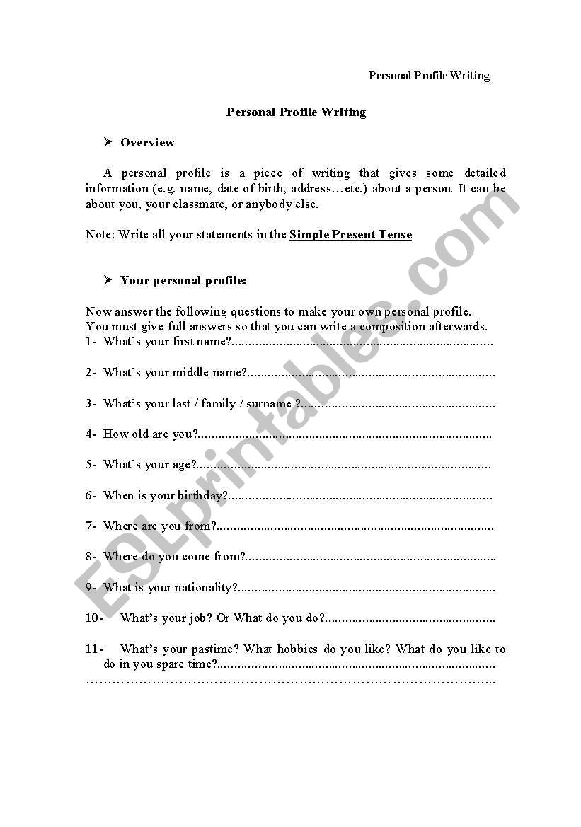 personal profile worksheet