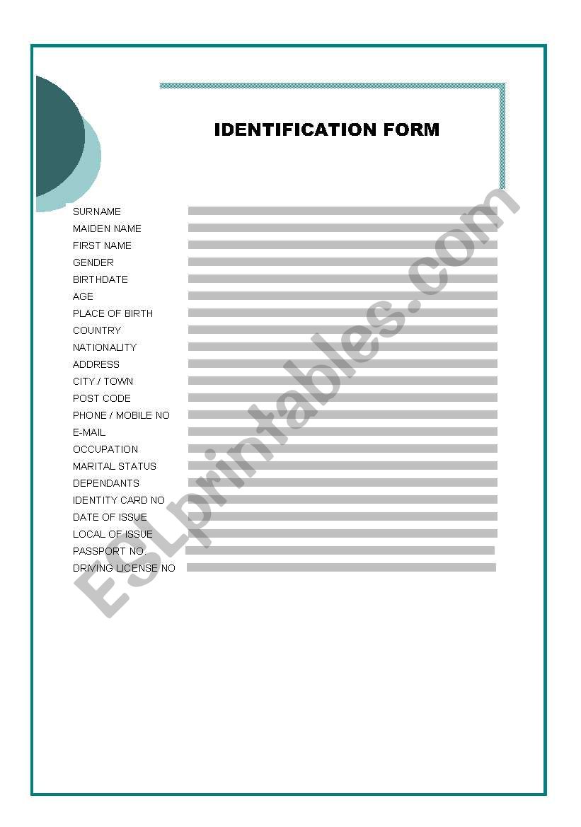 Identification Form worksheet