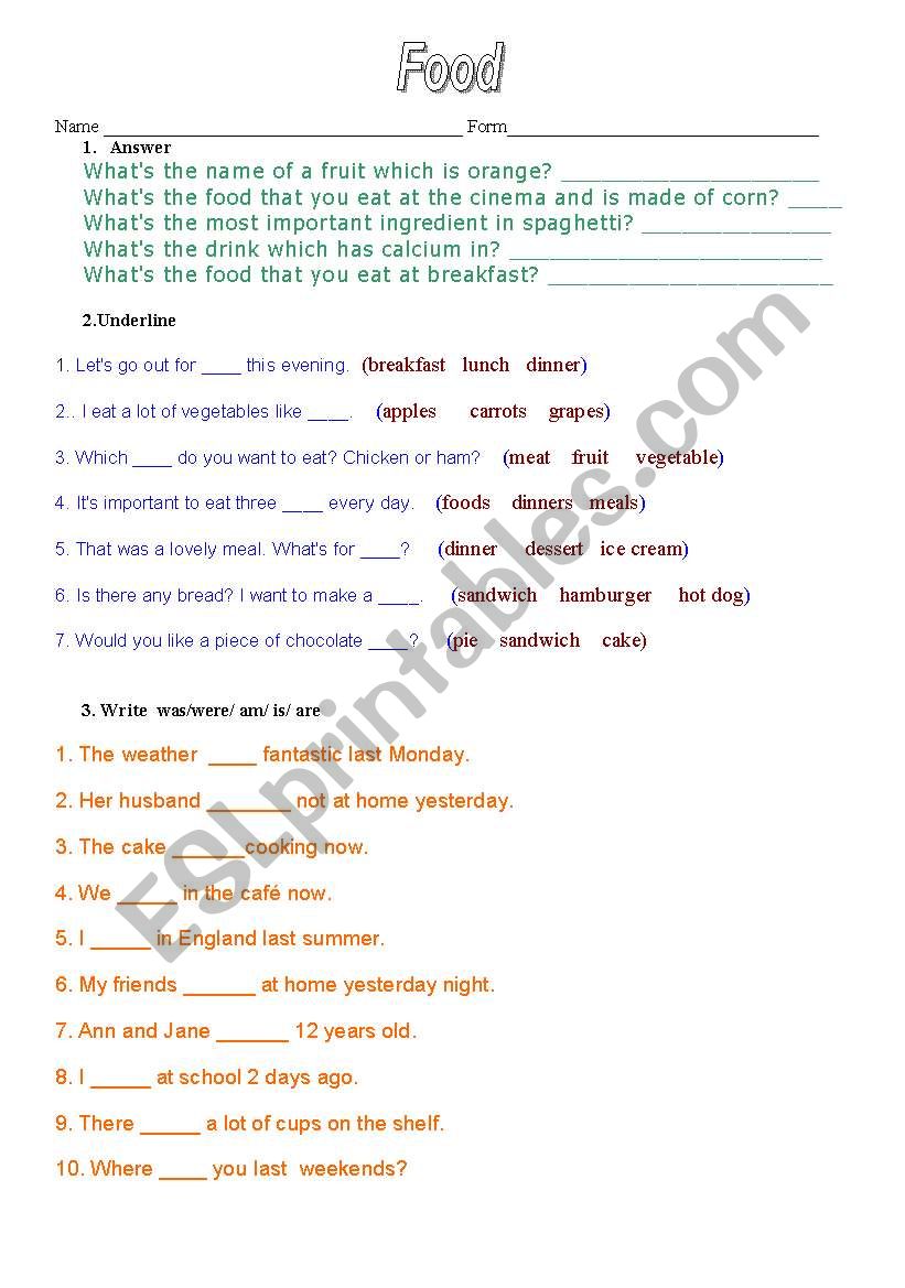 FOOD worksheet