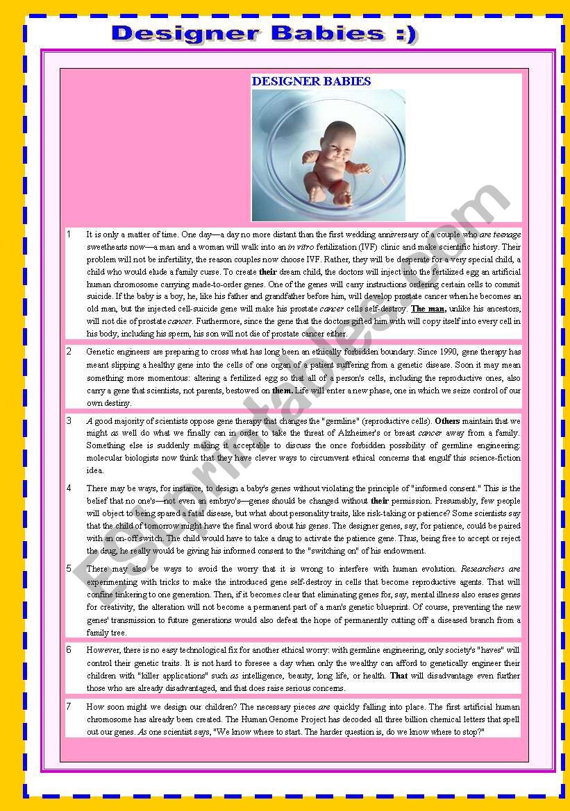 DESIGNER BABIES  READING , LISTENING AND VOCABULARY ACTIVITY FOR ADVANCE STUDENTS BOTH INFORMATIVE AND CONTRAVERSIAL ,POPULAR TOPIC 
