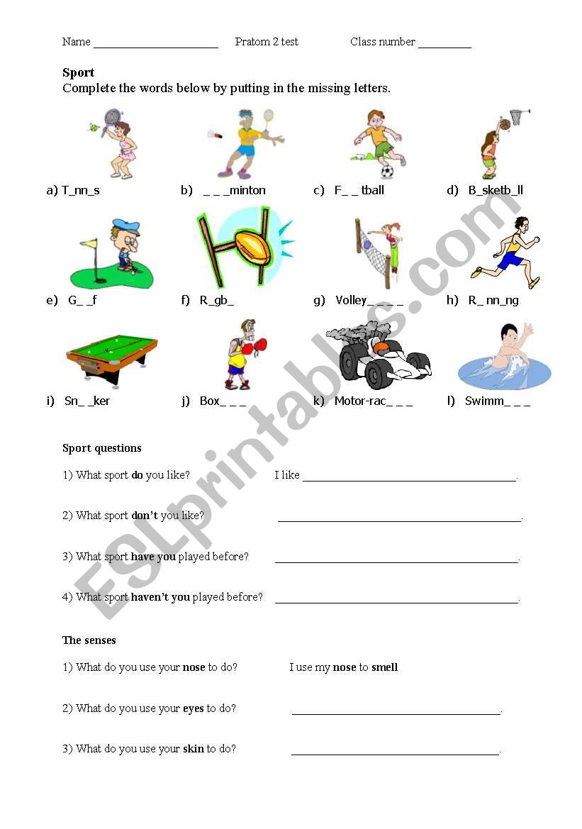 Sport & Rooms of the house (revision or test sheet)