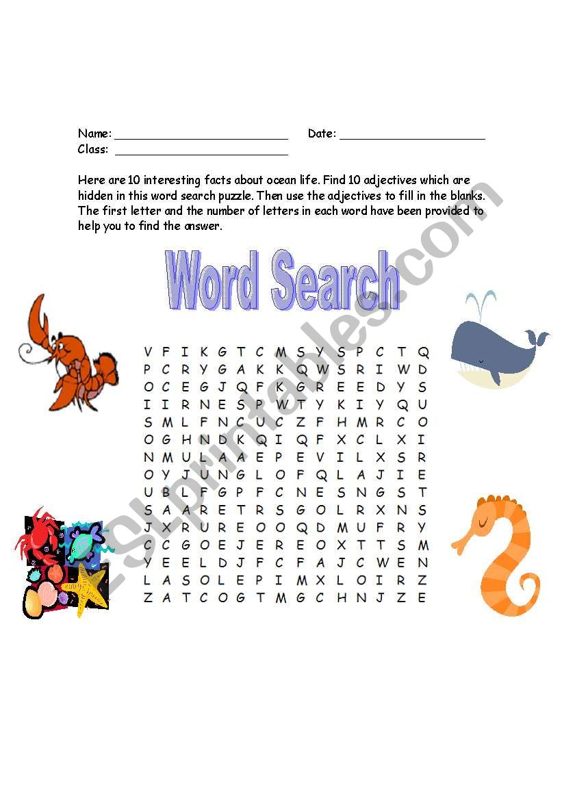 Adjectives about Sea Creatures(Word Search)