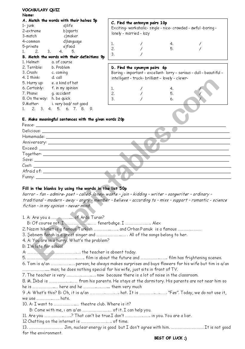 vocabulary quiz worksheet