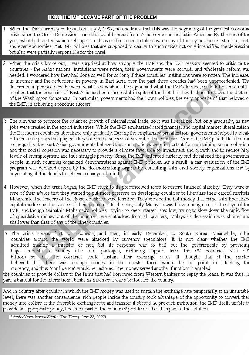 HOW THE IMF BECAME PART OF THE PROBLEM READING , LISTENING AND VOCABULARY ACTIVITY FOR ADVANCE STUDENTS BOTH INFORMATIVE AND POPULAR TOPIC..DIAMOND FOR BUSINESS CLASSES!!!!!