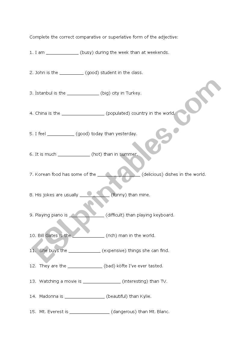 Comparative superlative worksheet