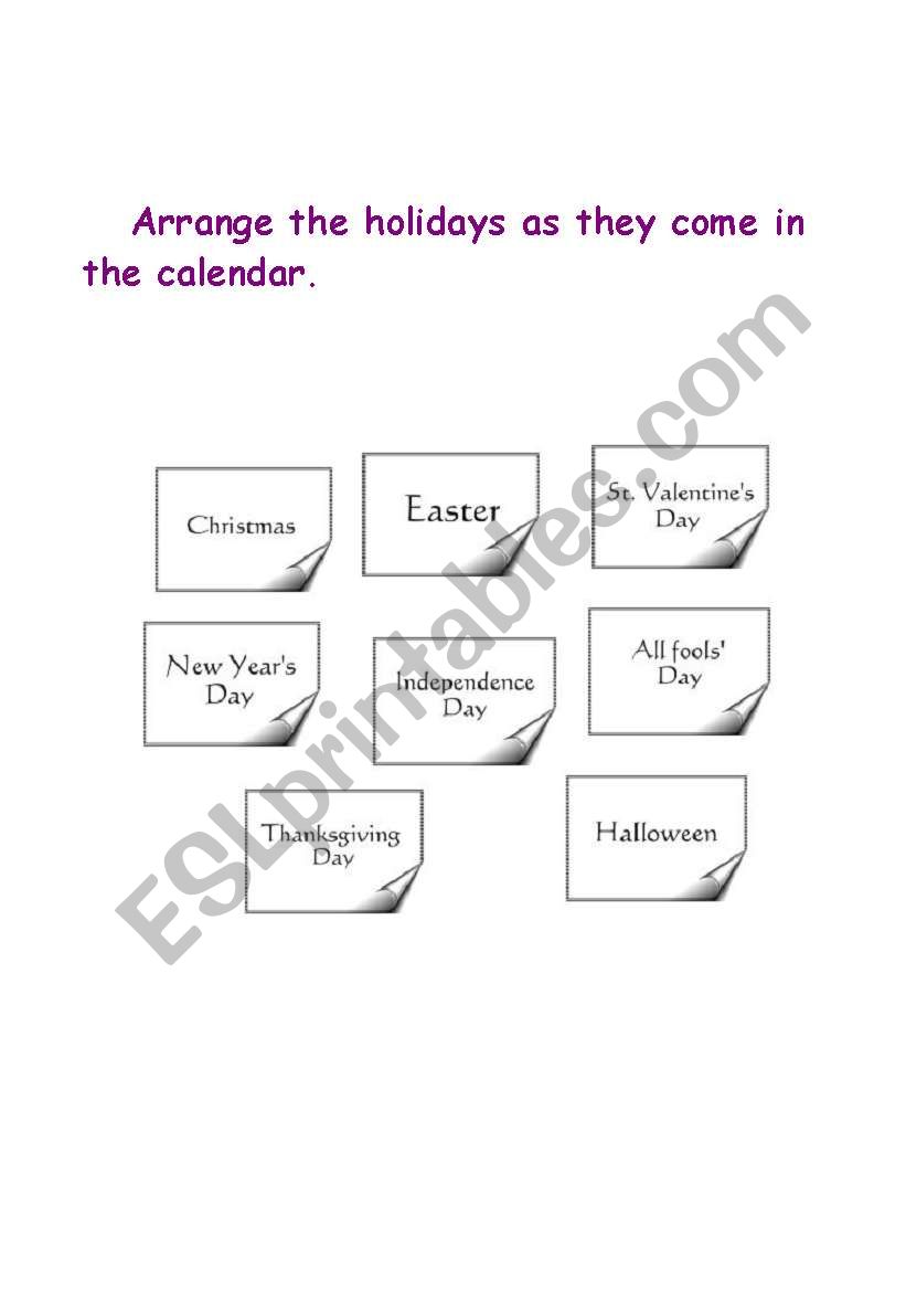 Arrange the Holidays worksheet