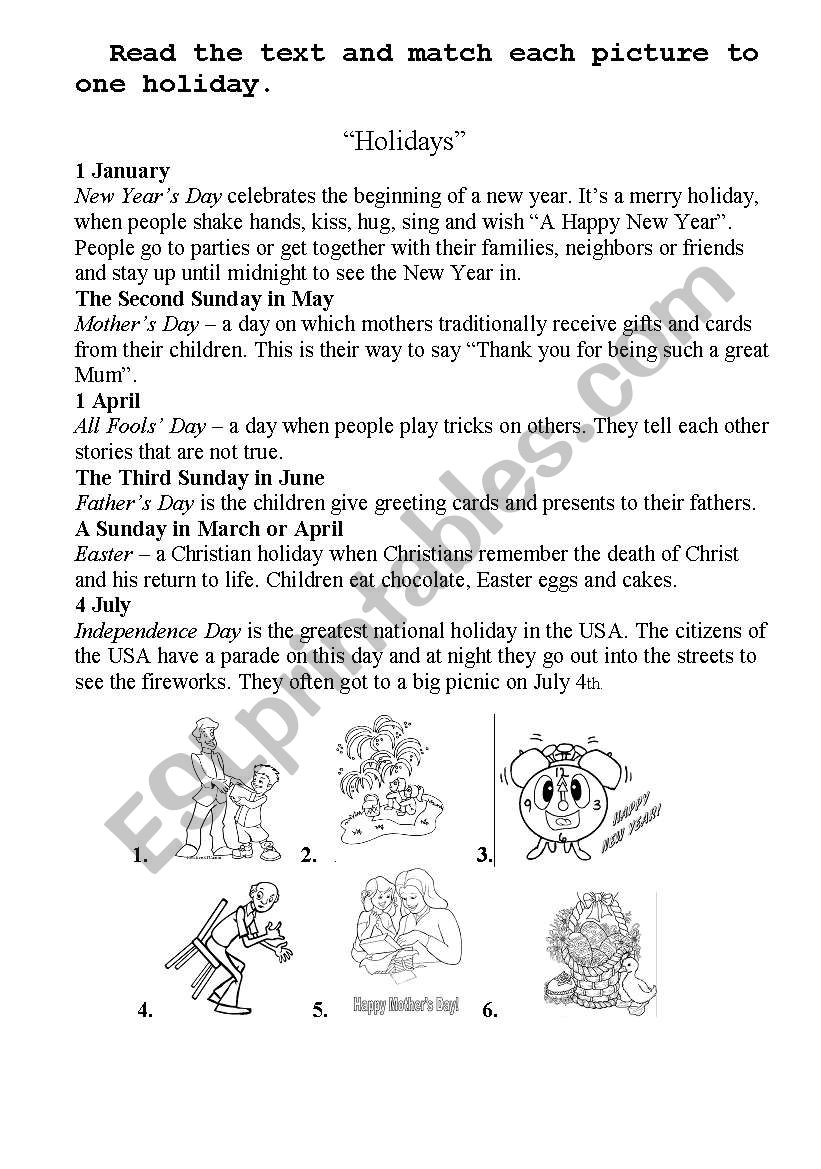 Holidays worksheet