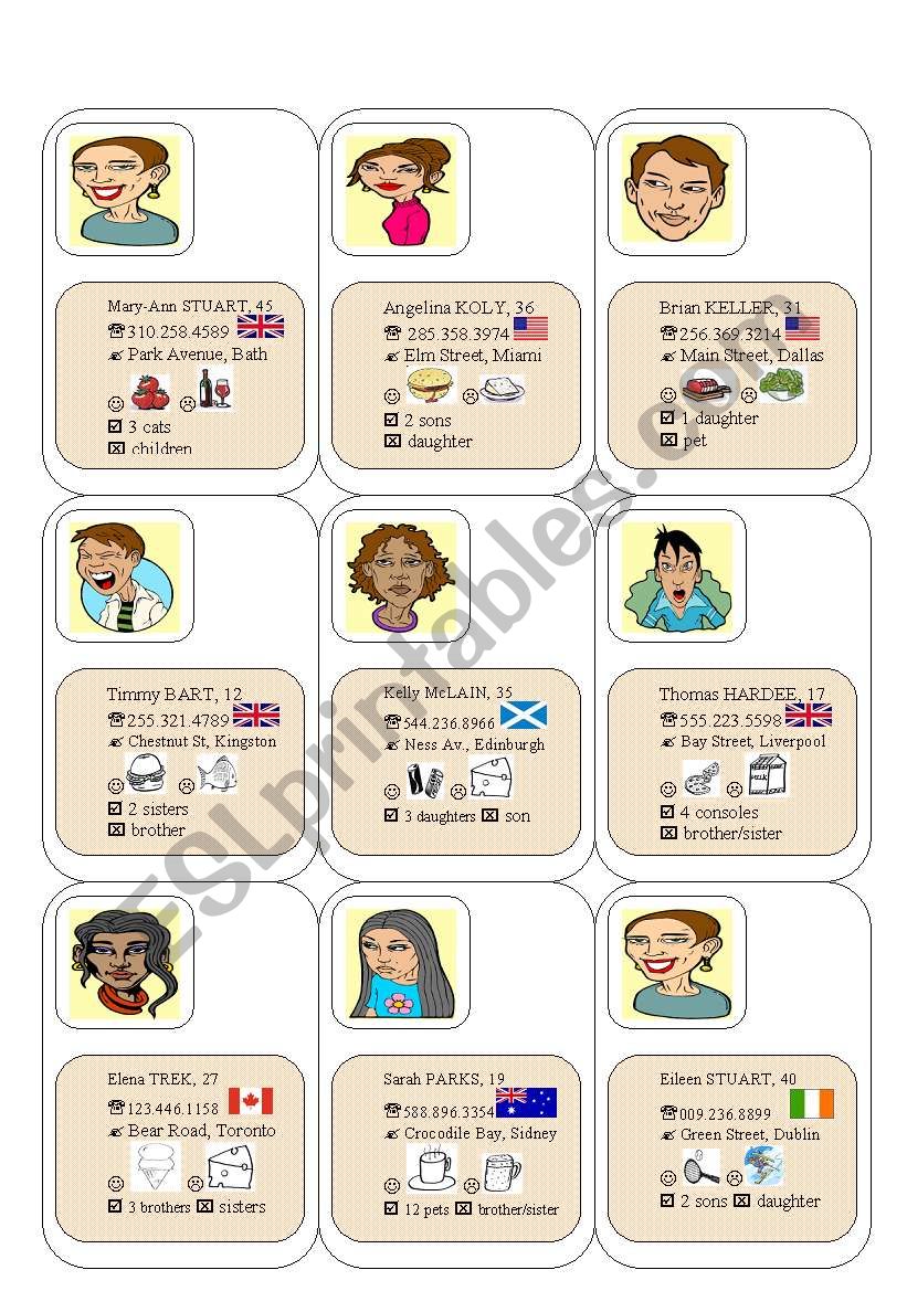 Personal information cards worksheet