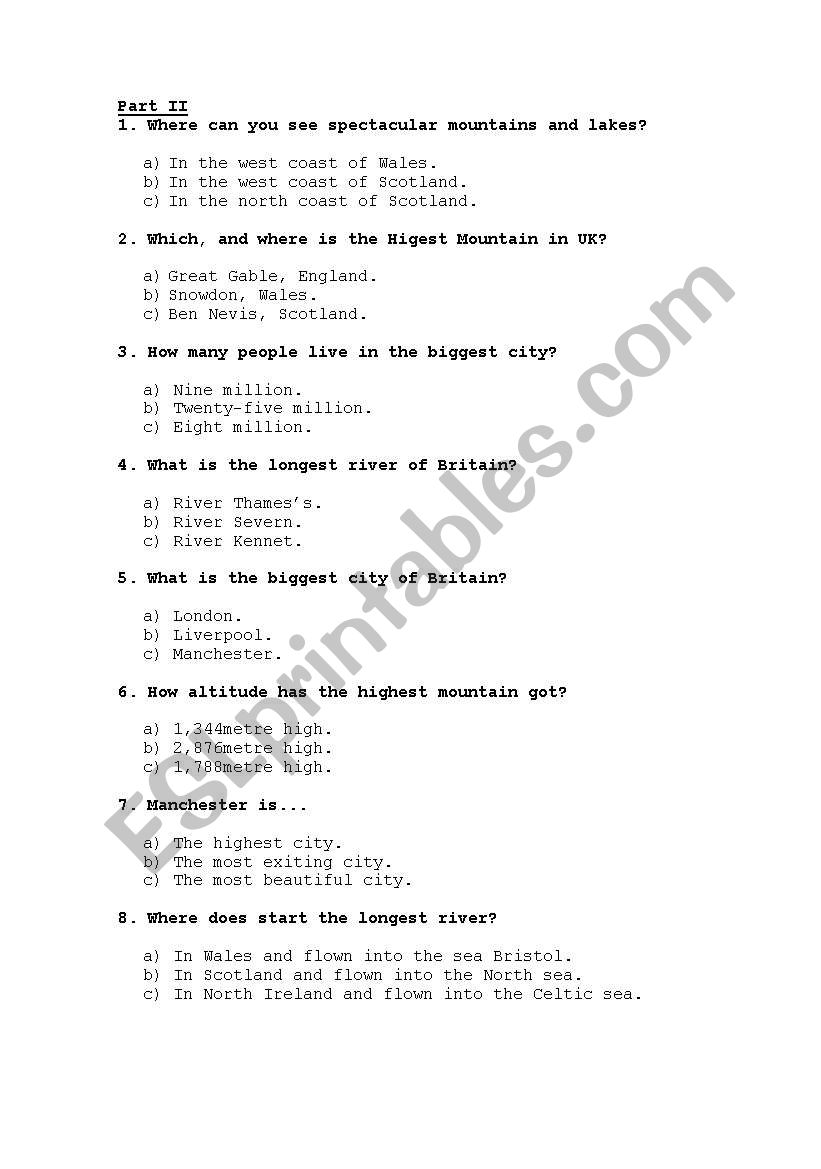 Quizze of UK worksheet