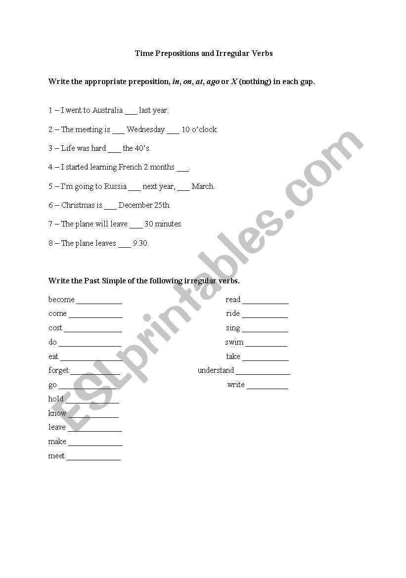 Past Simple Prepositions  worksheet