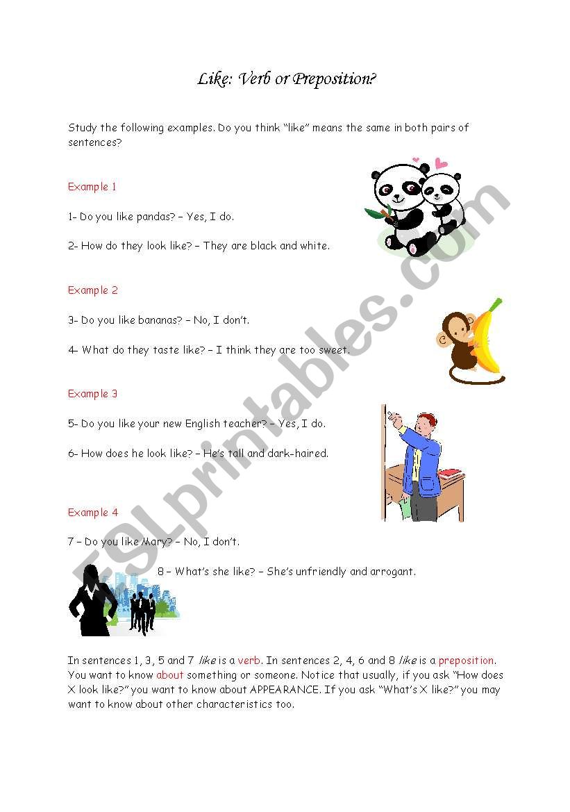 Like: Verb or Preposition? worksheet