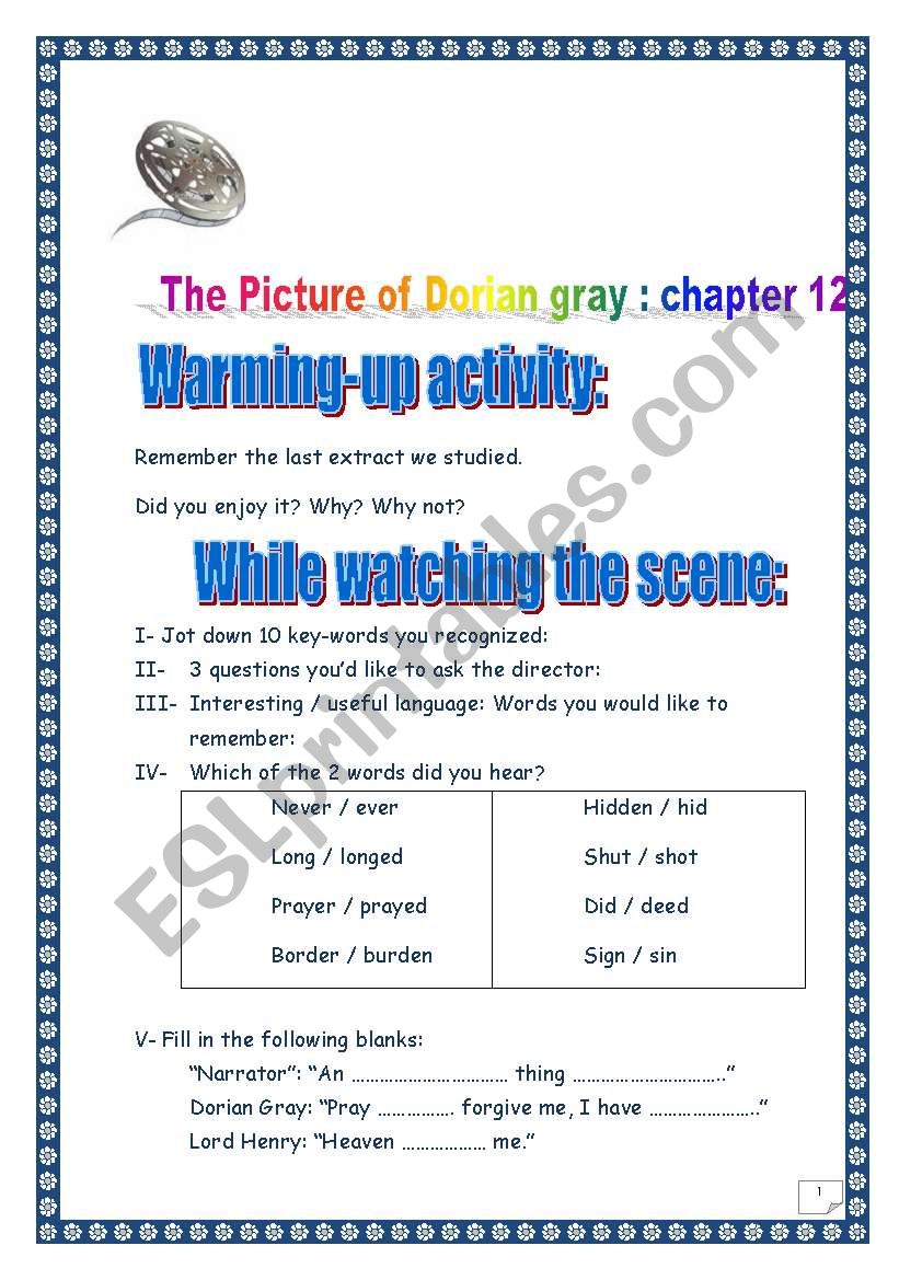 Video sheet: The Picture of Dorian Gray (very end, chapter 12) (2 pages : 1 page + key) (printer-friendly version)