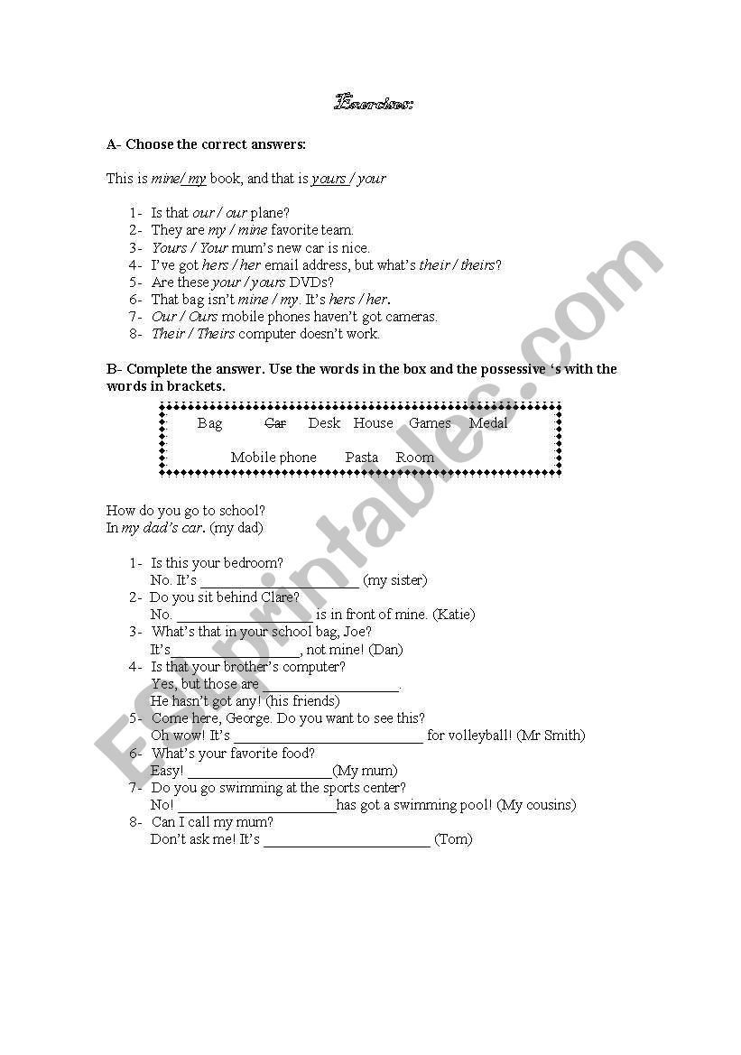 possessives - exercises worksheet