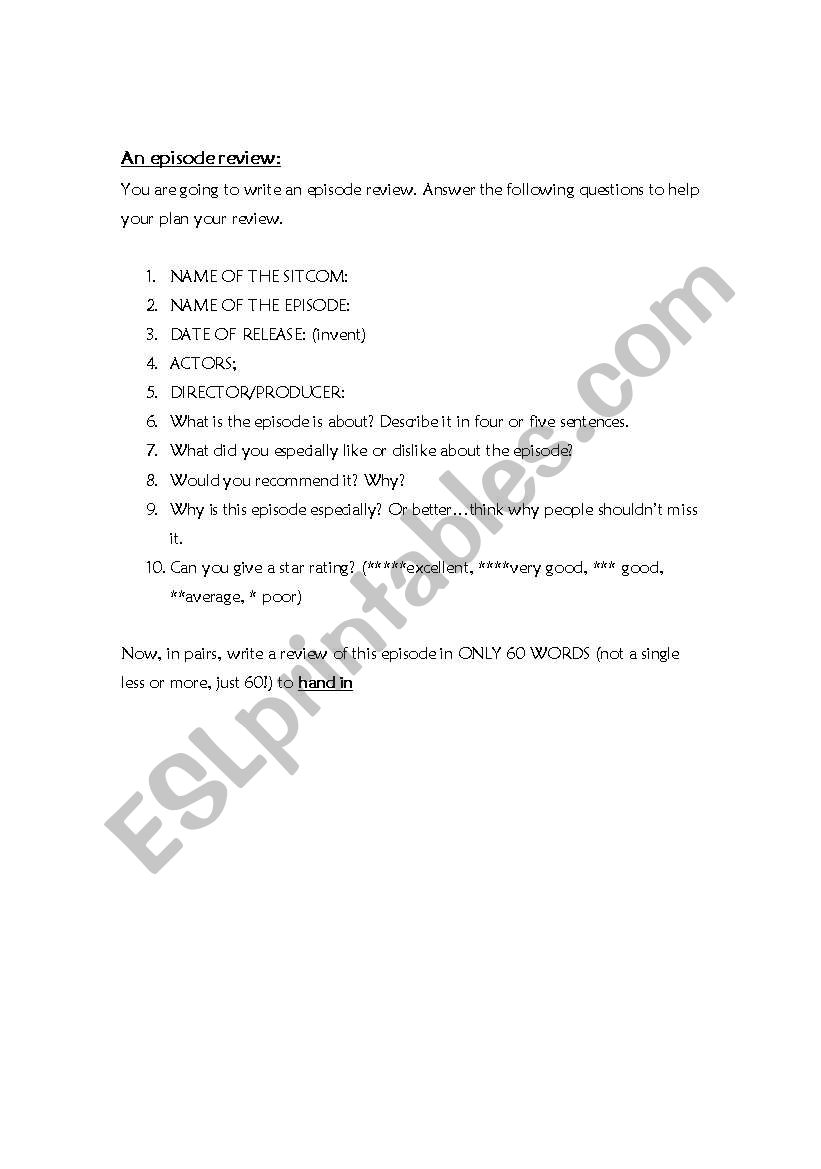 episode review worksheet