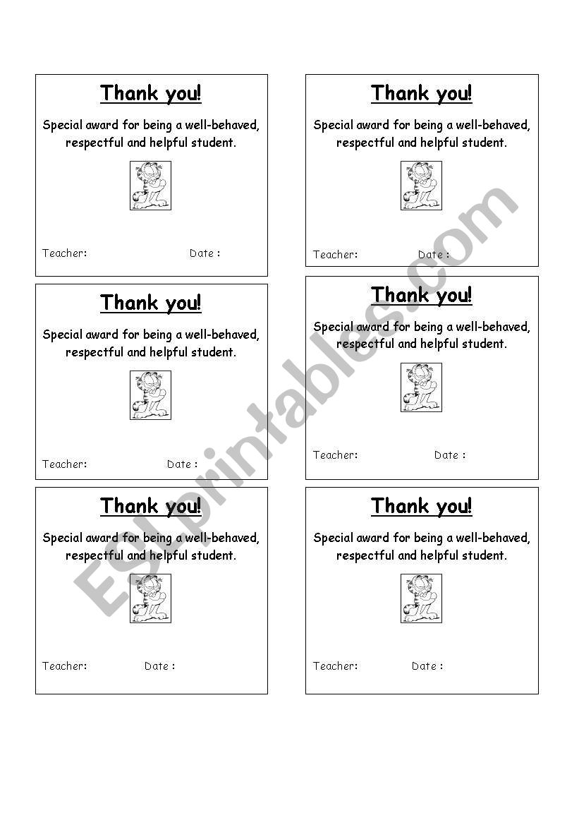 Thank you! award worksheet