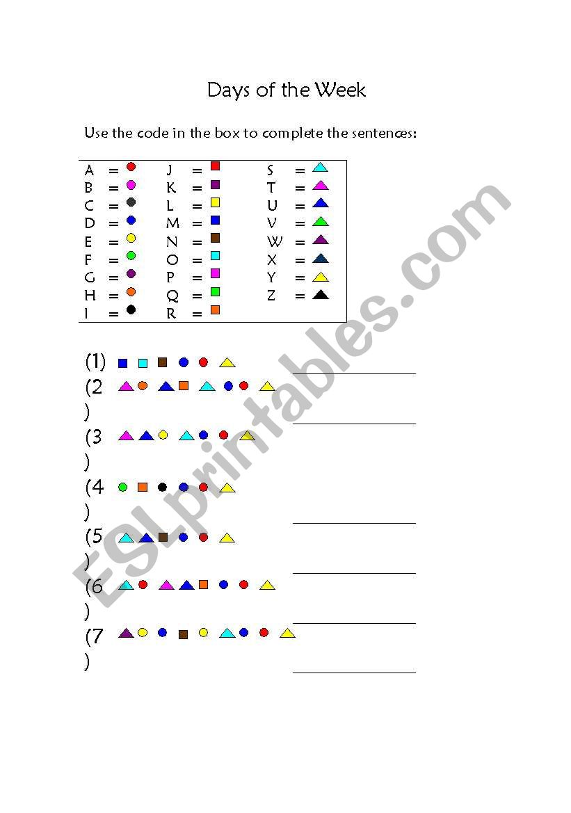 Days of the week - funny code worksheet