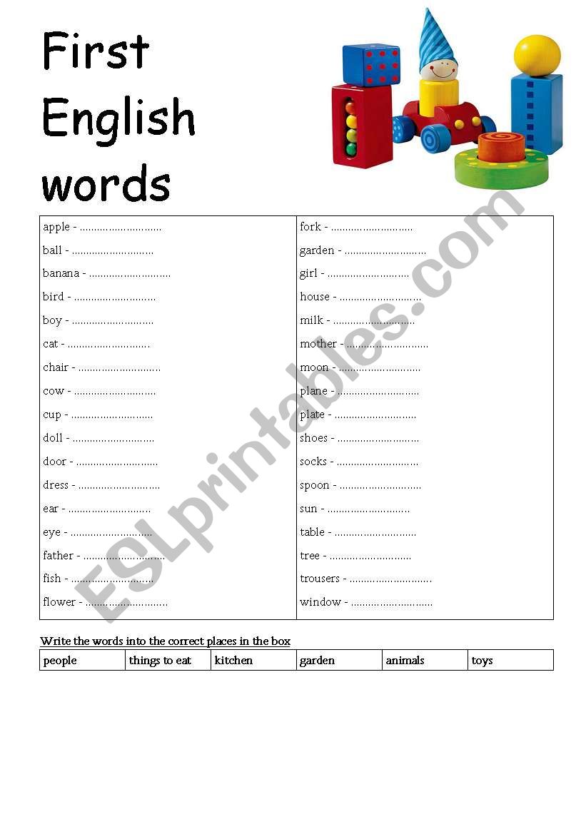 first English words worksheet