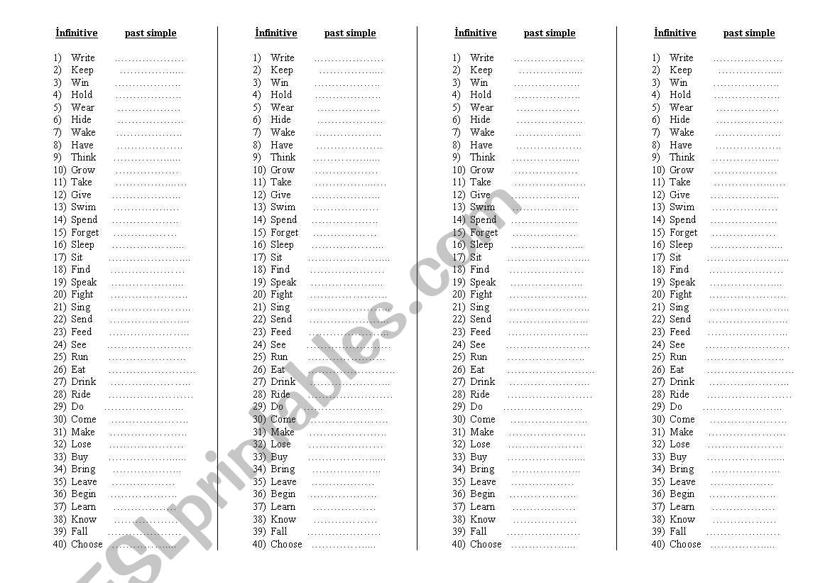ireegular verbs list worksheet