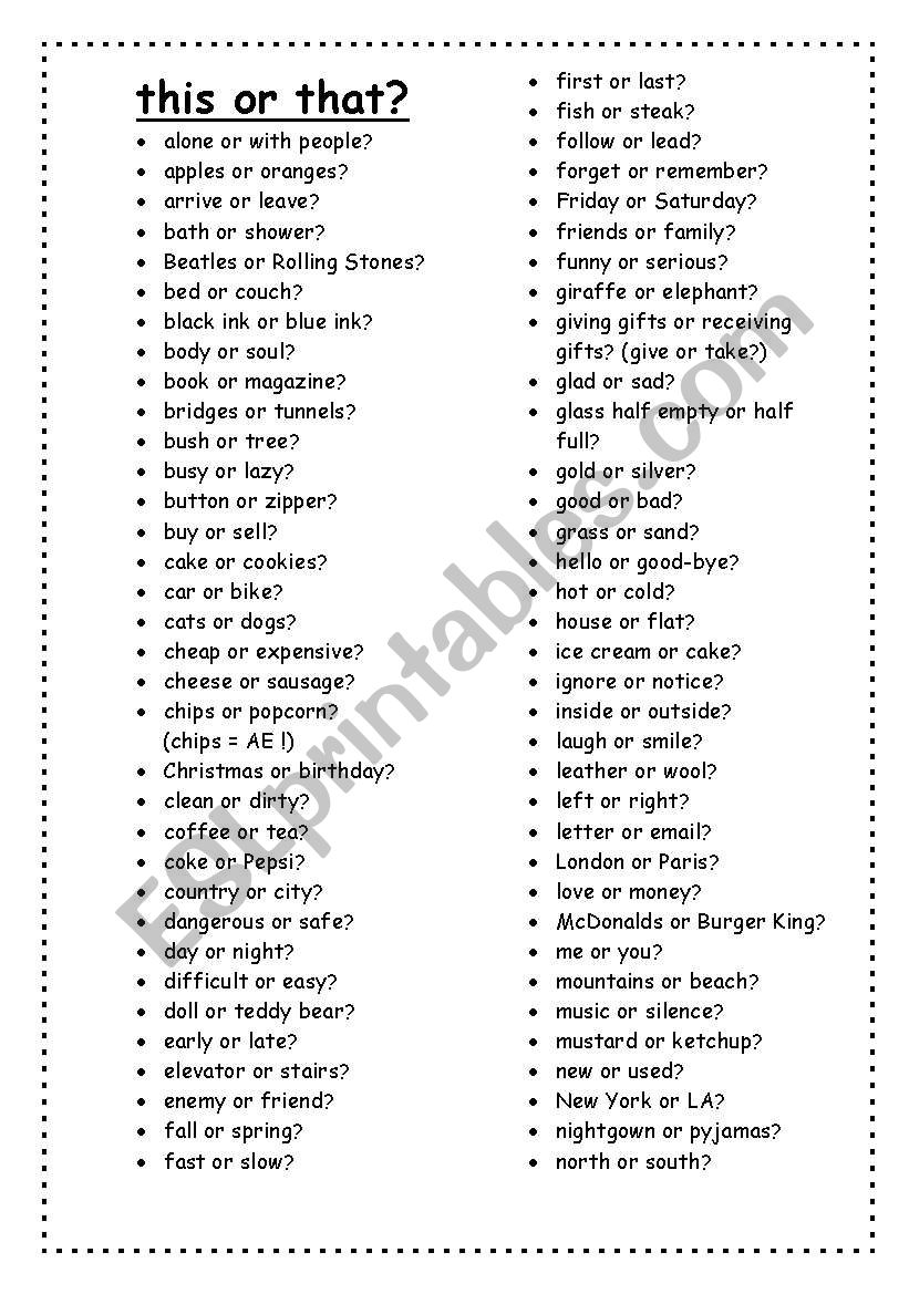 This or That Game - ESL worksheet by nartenut