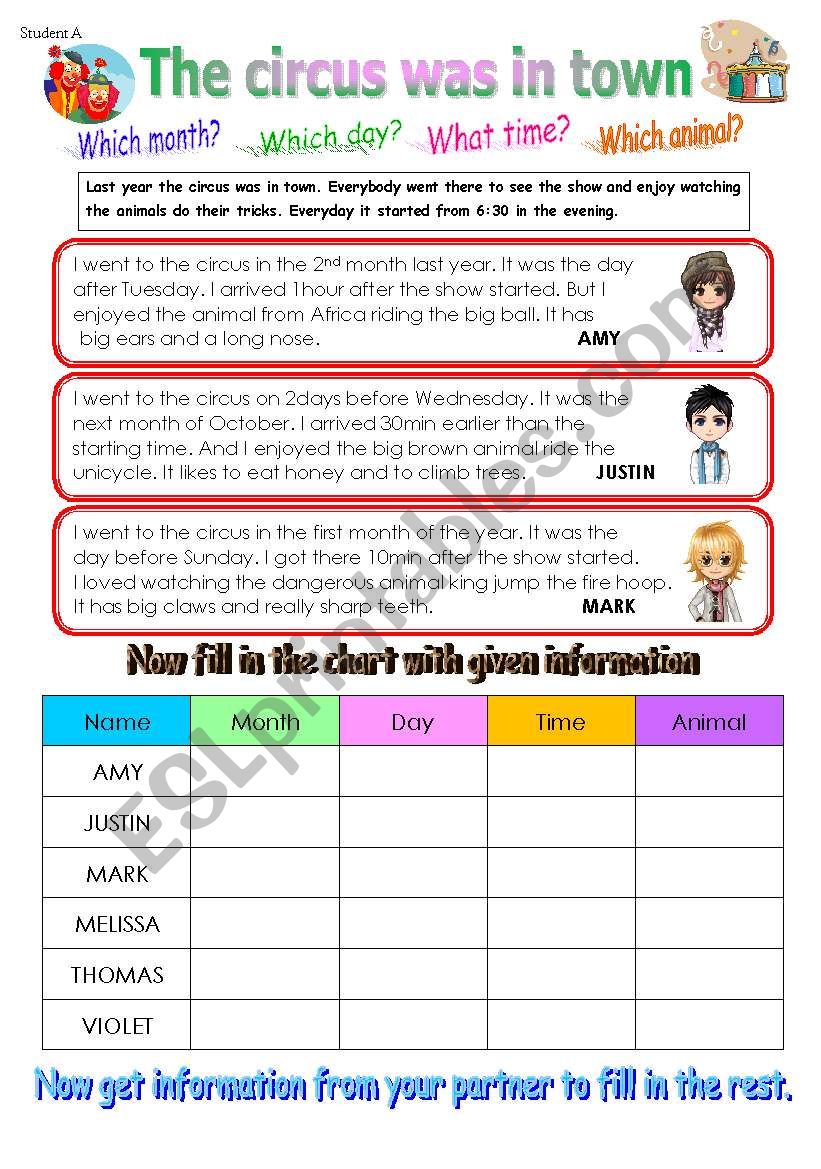 Pair work conversation sheet with days of the week, month, time (student B on second page)