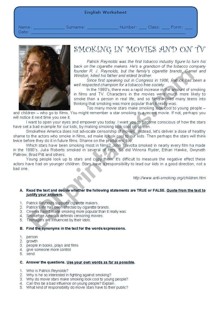SMOKING IN MOVIES AND ON TV worksheet