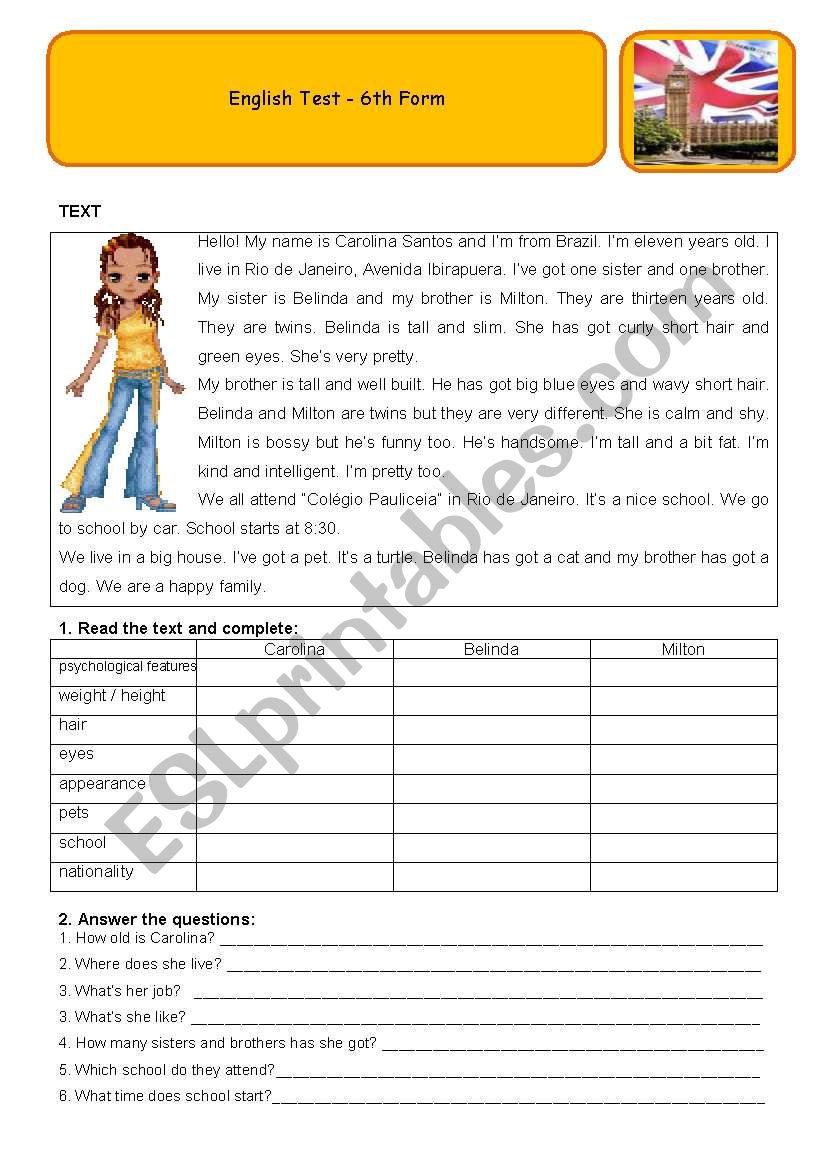 Test 6th form worksheet