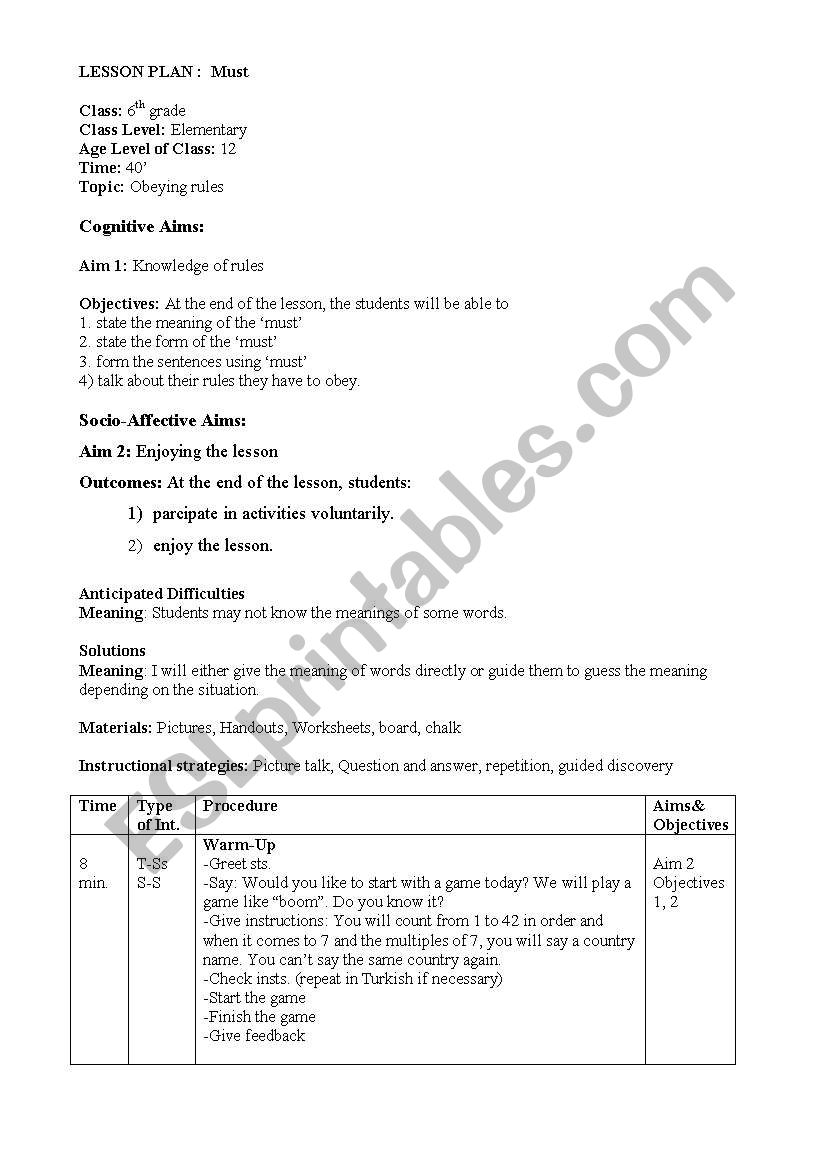 must lesson plan worksheet