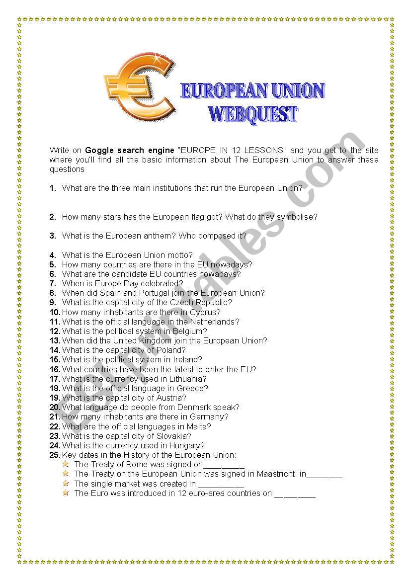 EUROPEAN UNION WEBQUEST worksheet