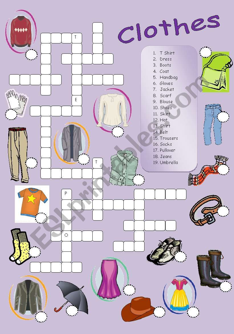 Clothes crossword worksheet