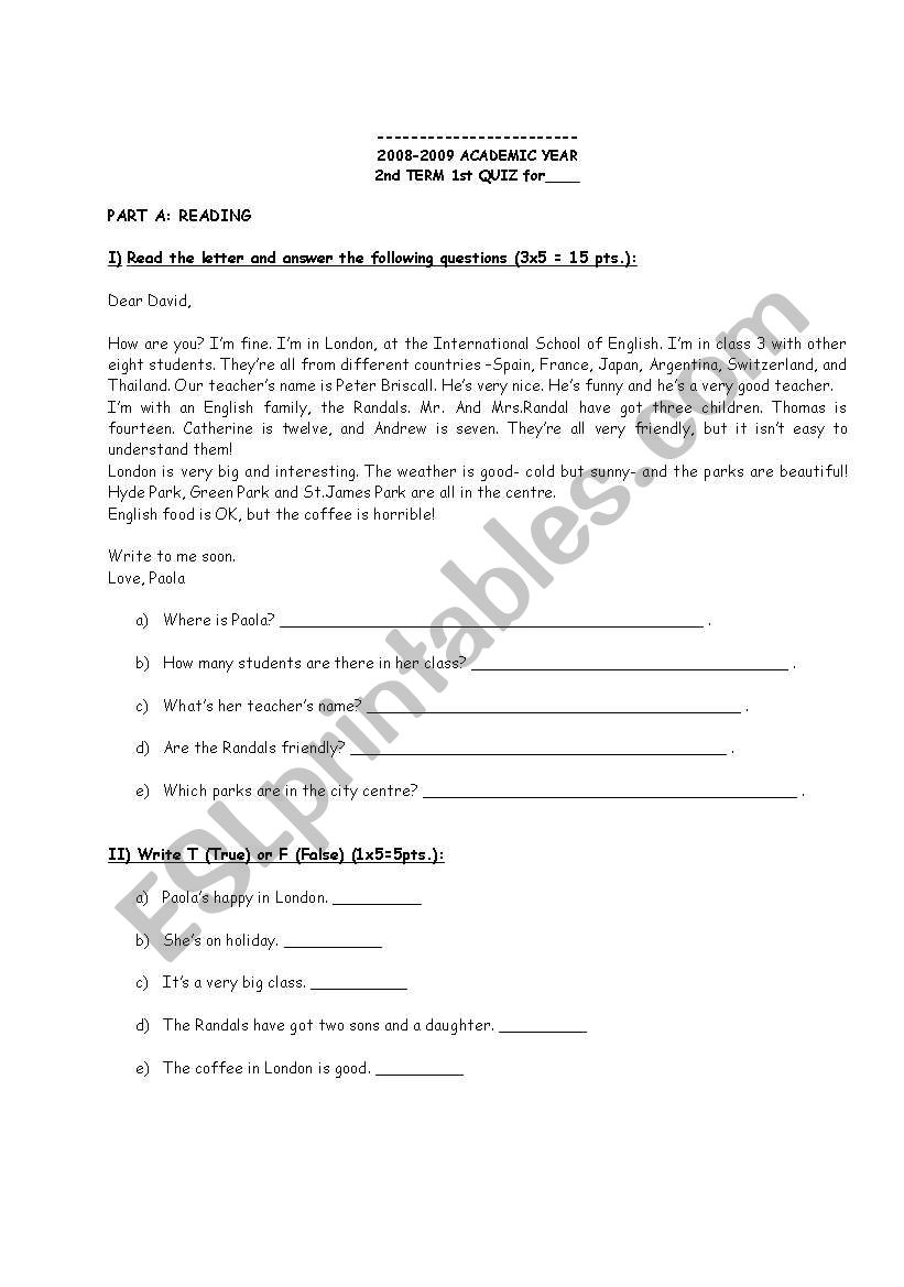 QUIZ SAMPLE worksheet