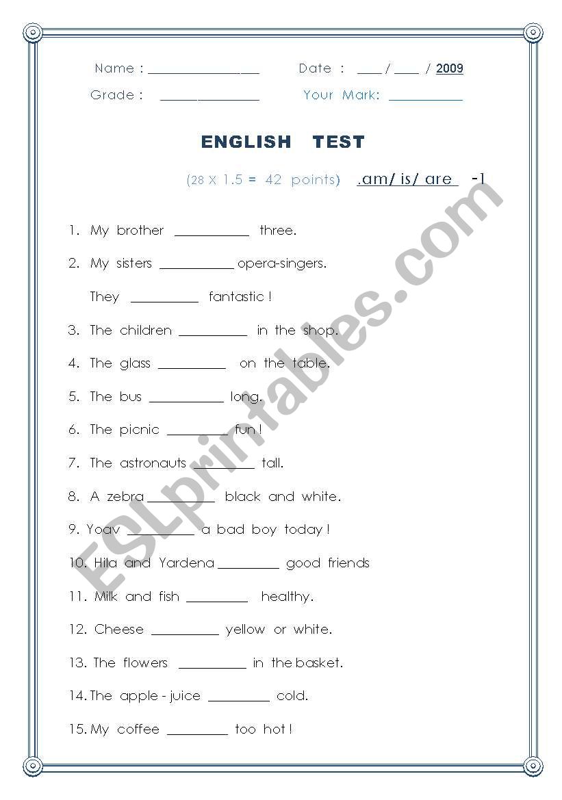 TEST-  4th  Grade (BE, A/AN/SOME)